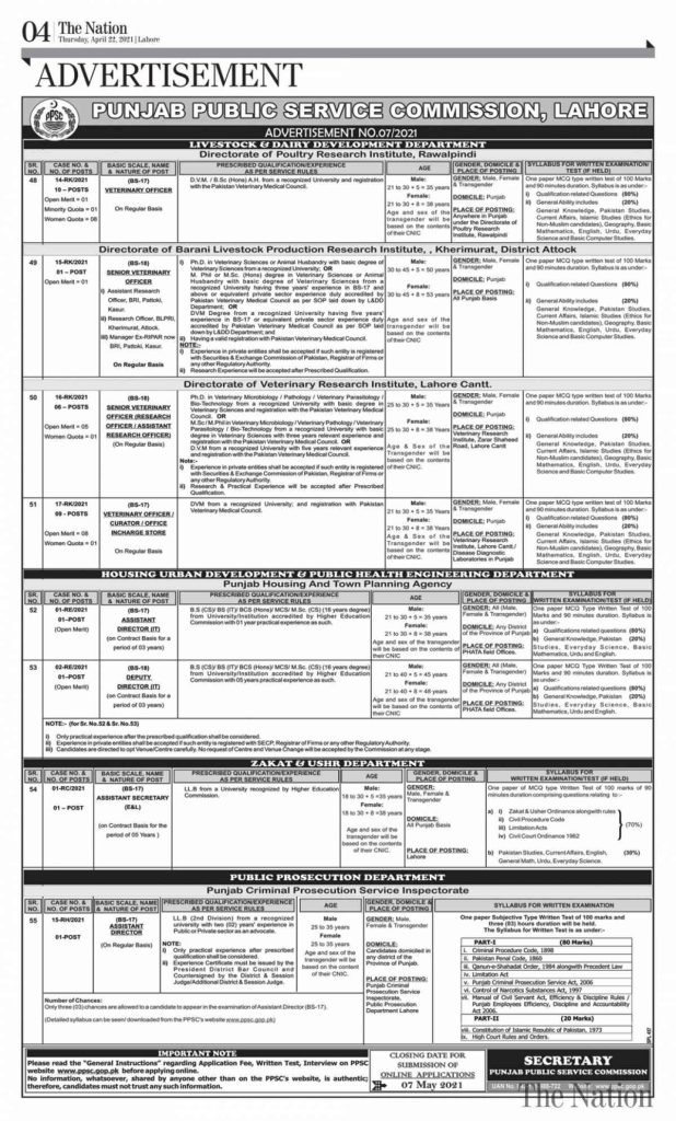 Punjab Public Service Commission (PPSC) Jobs Advertisement No 07/2021