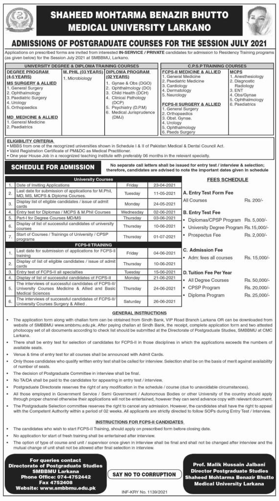 Shaheed Mohtarma Benazir Bhutto Medical University Admissions 2021