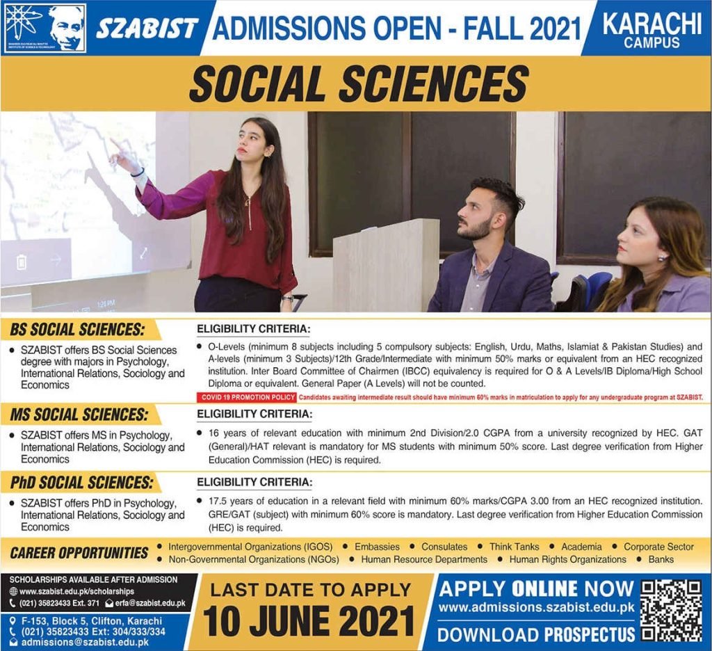 Shaheed Zulfiqar Ali Bhutto Institute of Science and Technology Admissions 2021
