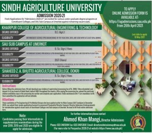Sindh Agriculture University Undergraduate Degree Admissions 2021