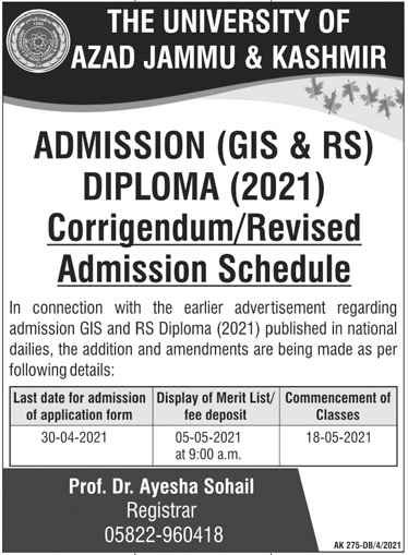 University of Azad and Kashmir Extended the Last date for GIS & RS Diploma 2021 University of Azad and Kashmir Extended the Last date for GIS & RS Diploma 2021