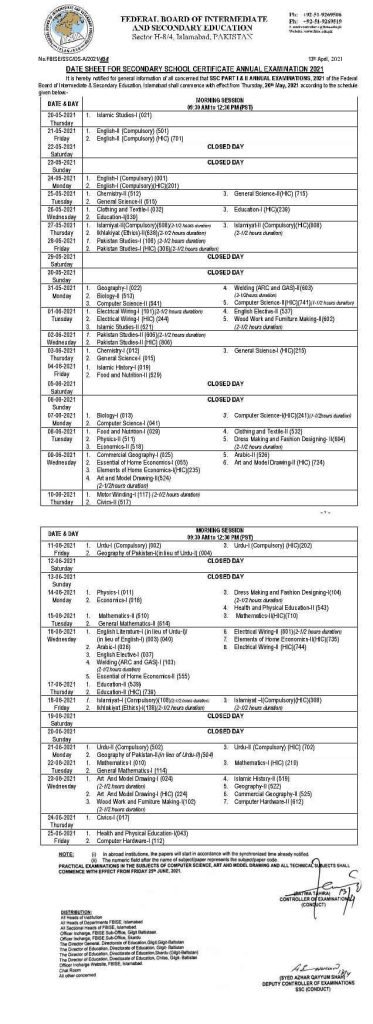 Federal Board FBISE SSC Part 1 (9th Class) Date Sheet 2021