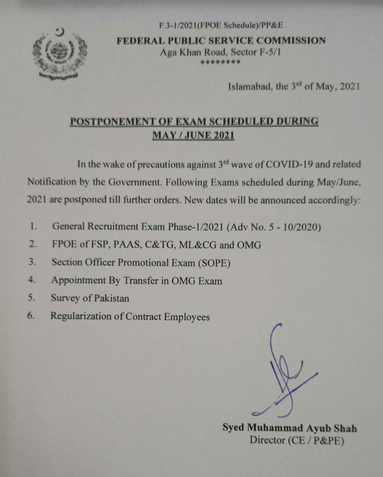 FPSC Issued Notififcation Regarding Postponing Regularization of Contract Employees Exams and Others