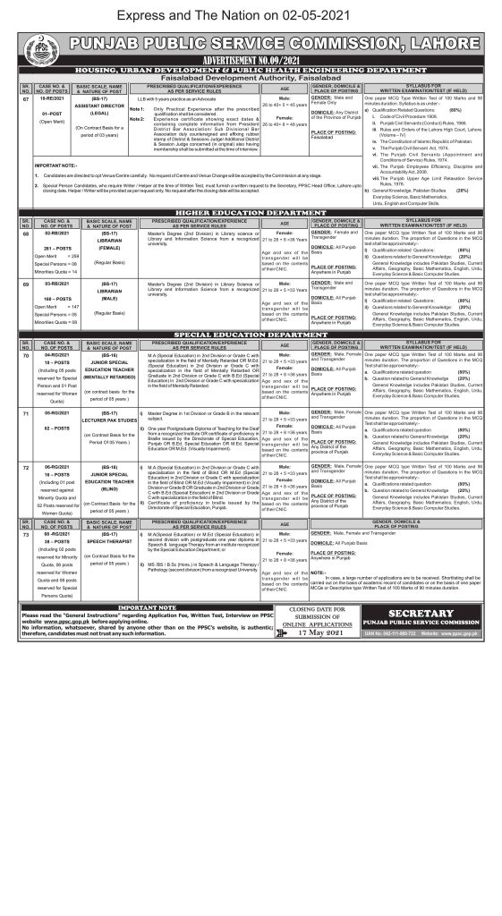 PPSC Latest May jobs 2021 Announced | PPSC Advertisement 09/2021 | Apply Online