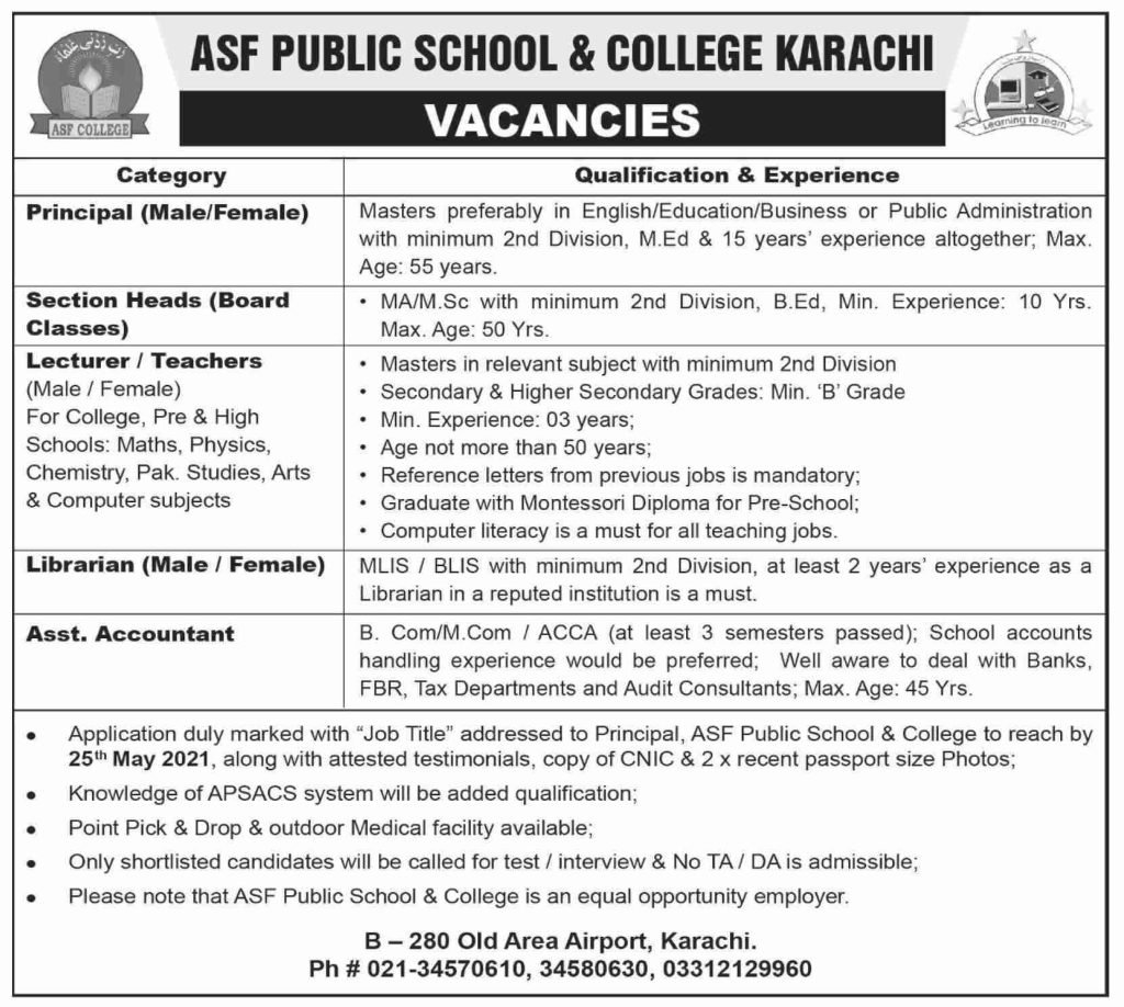 ASF Public School and College Karachi Latest Jobs 2021 | Apply Now ASF Public School and College Karachi Latest Jobs 2021 | Apply Now