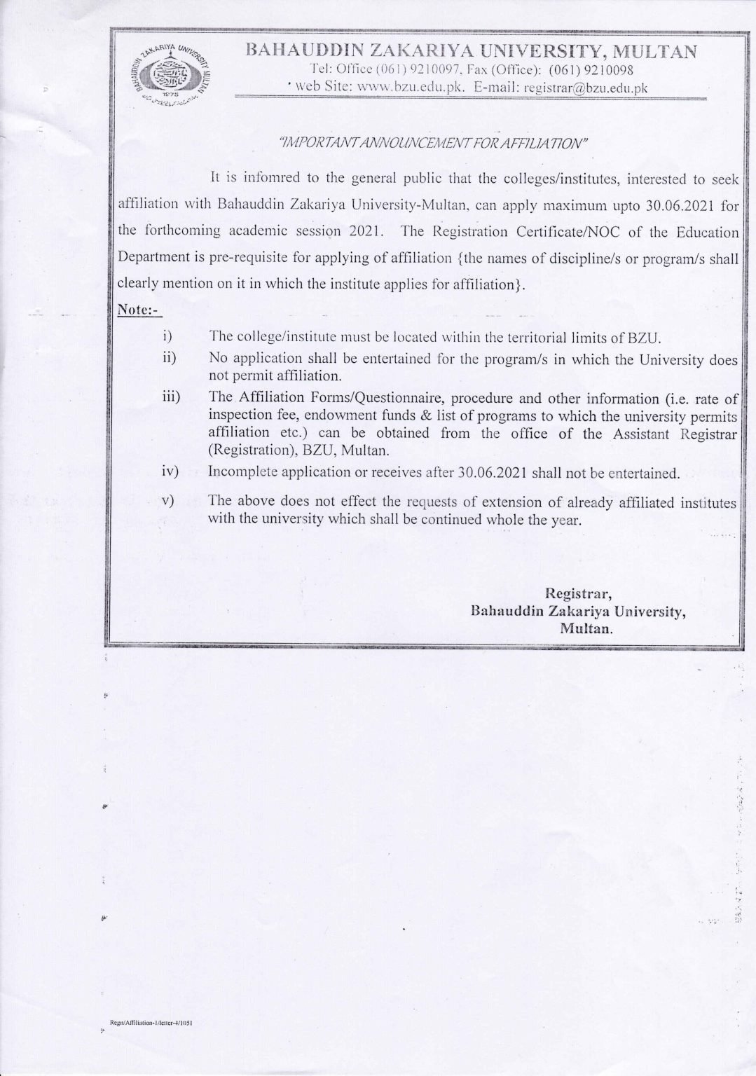 BZU Multan Notice For the Affiliation of Institutes/ Colleges BZU Multan Notice For the Affiliation of Institutes/ Colleges