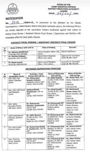 DEA Lahore Appointed DEOs as a Focal Person at COVID-19 Vaccination Centers