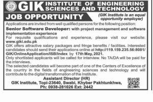 GIK Institute of Engineering Science & Technology May 2021 Jobs