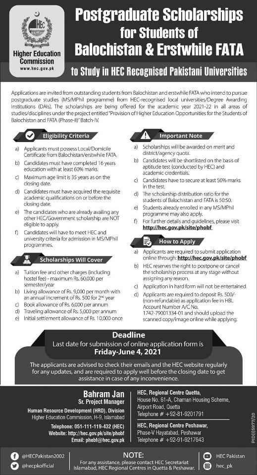 HEC Postgraduate Scholarship for Students of Balochistan and Erstwhile FATA HEC Postgraduate Scholarship for Students of Balochistan and Erstwhile FATA