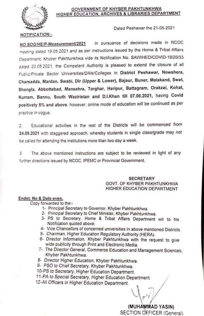 KPK Announced to Reopen Educational Institute in Staggered Manner