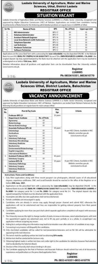 Lasbela University of Agriculture Water & Marine Sciences Jobs 2021