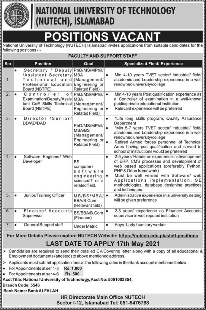 National University Of Technology NUTECH Latest May Jobs 2021 | Apply Now