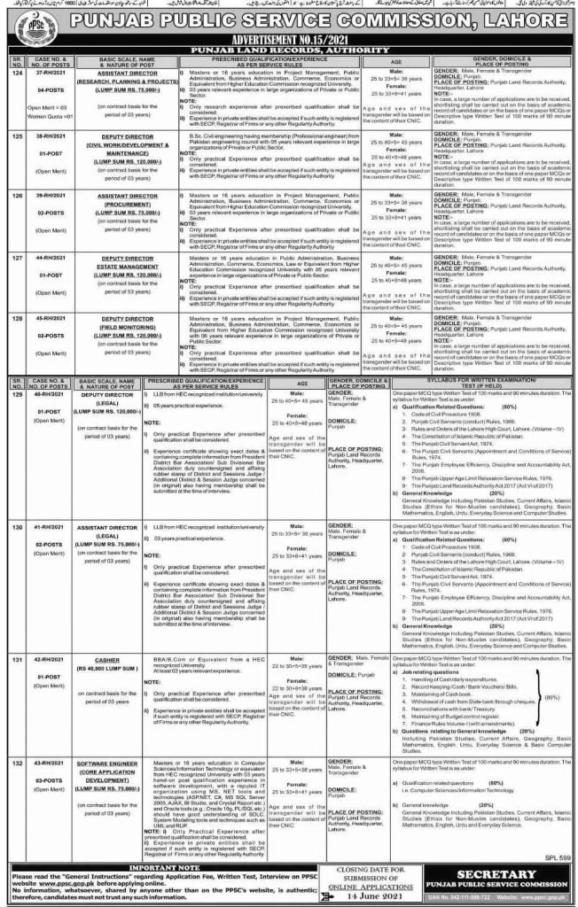  PPSC Advertisement No 15/2021 | PPSC Jobs for Punjab Land Records Authority