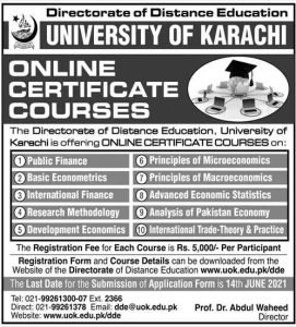 University of Karachi Admissions 2021 for Online Courses