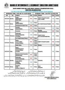 BISE Abbottabad Date Sheet for 10th and 12th Class Annual Exams 2021