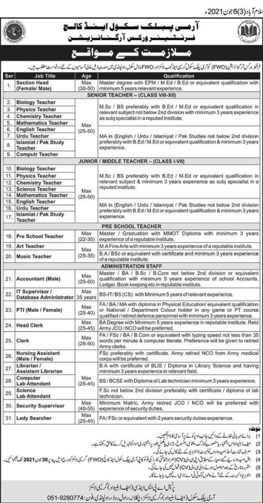 Army Public School Rawalpindi FWO Teaching Jobs 2021 | Apply Now Army Public School Rawalpindi FWO Teaching Jobs 2021 | Apply Now