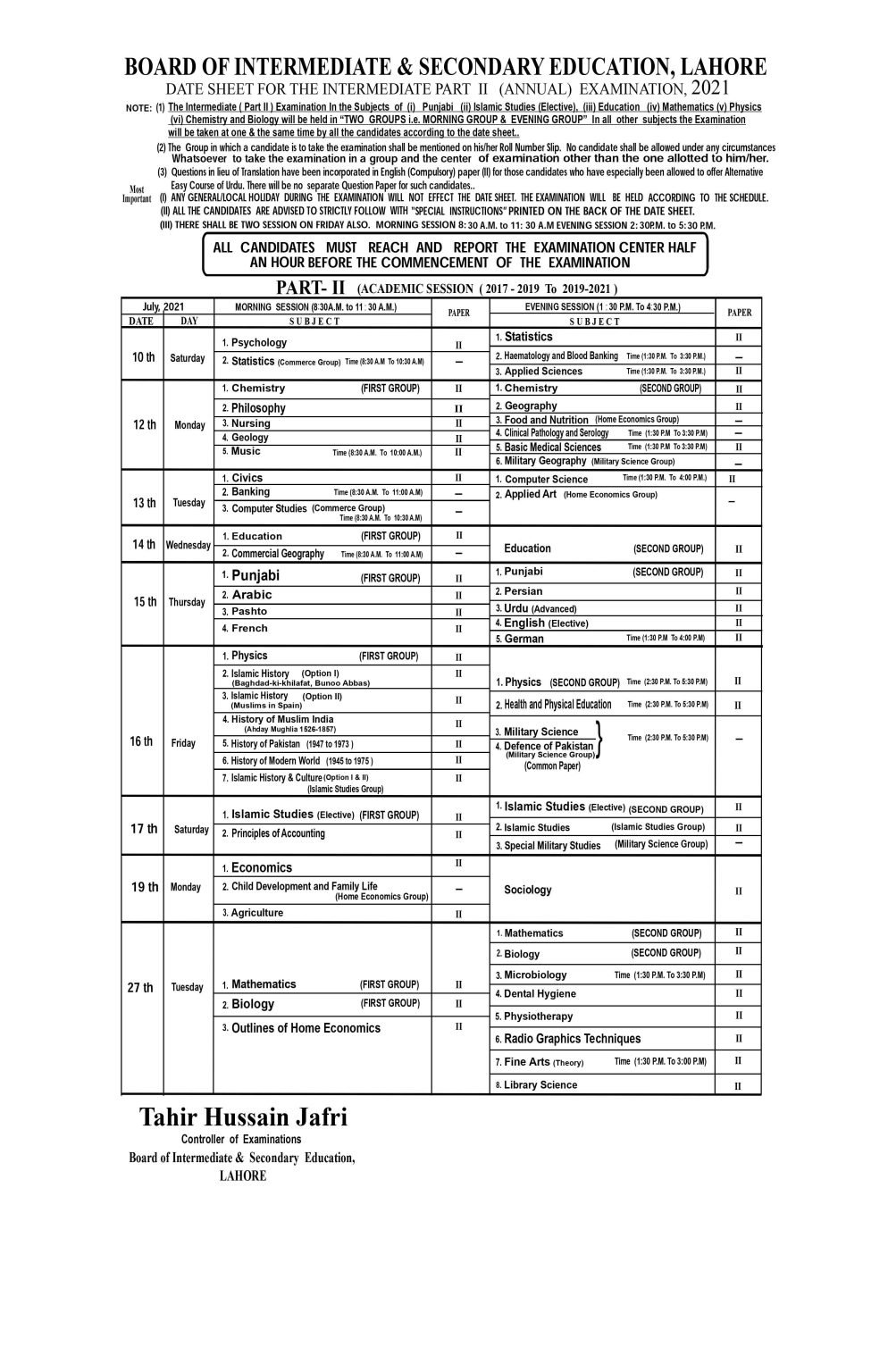 BISE Lahore Intermediate Part-II (12th Class) Date Sheet 2021