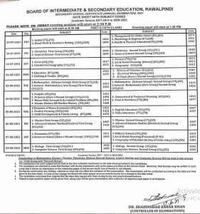 BISE Rawalpindi 10th class date sheet 2021