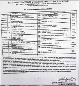 BISE Rawalpindi FA/FSc 1st year Date Sheet 2021 | Rawalpindi Board