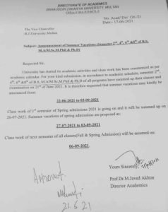 BZU Multan Notification Regarding the Summer Vacation 2021