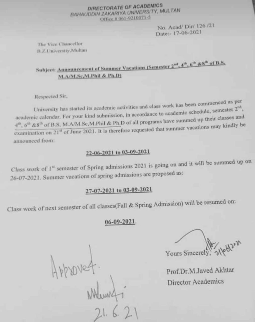 BZU Multan Notification Regarding the Summer Vacation 2021