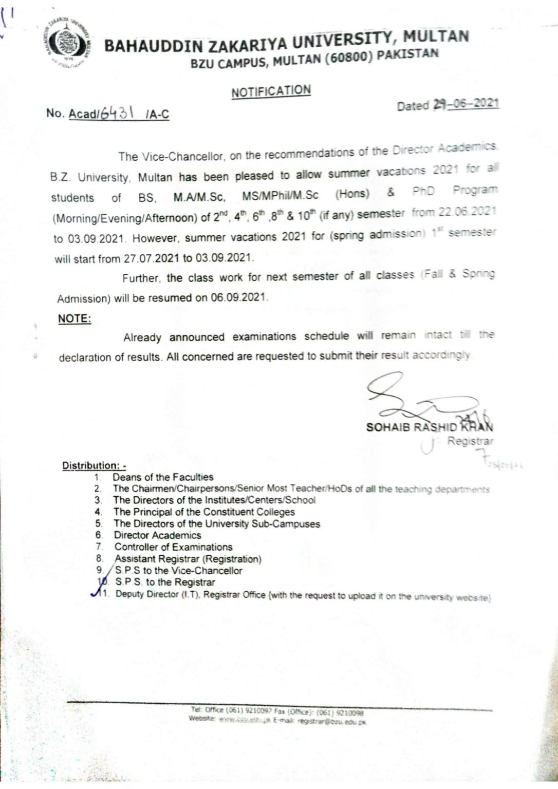 BZU Multan VC Approved the Summer Vacation 2021