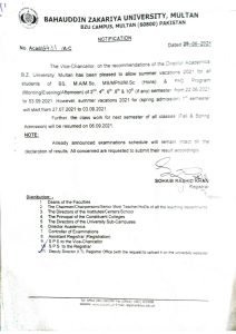 BZU Multan VC Approved the Summer Vacation 2021