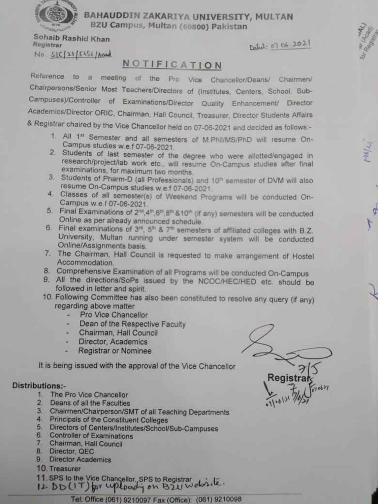 BZU Resumed the Physical Classes From 07 June 2021