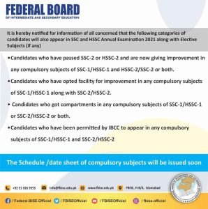 Categories of Students Appear in FBISE SSC and HSSC Exams 2021