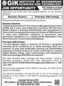 GIK Institute of Engineering Science & Technology June Jobs 2021