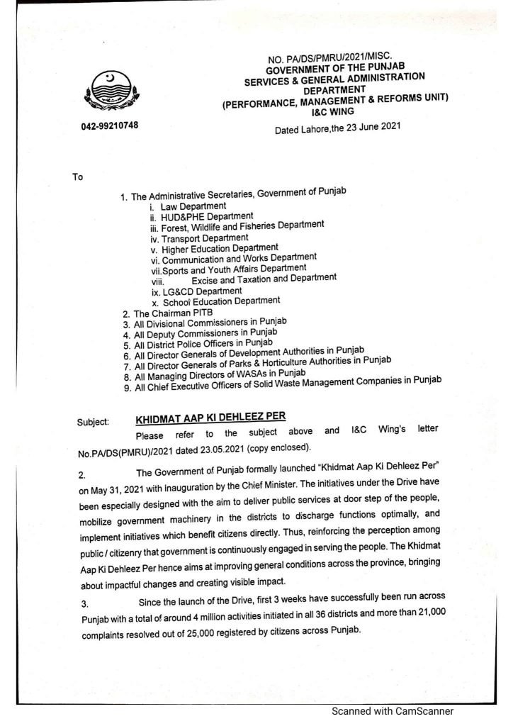 Govt Issued Activities for Next 05 Weeks Under Khidmat AAP Ki Dehleez Par