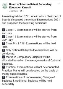 Karachi Board Announced Matric and Intermediate Exam Schedule 2021