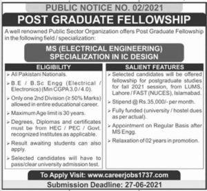 MS Fellowship 2021 in Electrical Engineering at LUMS and FAST
