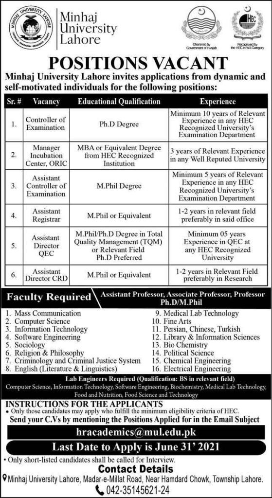 Minhaj University Lahore Teaching and Non-Teaching Jobs 2021 Minhaj University Lahore Teaching and Non-Teaching Jobs 2021