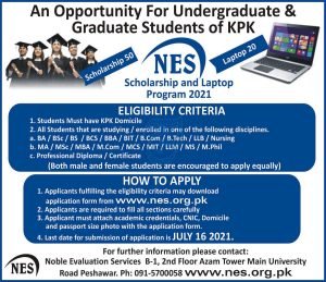 NES Scholarship & Laptop Program 2021 for KPK Students