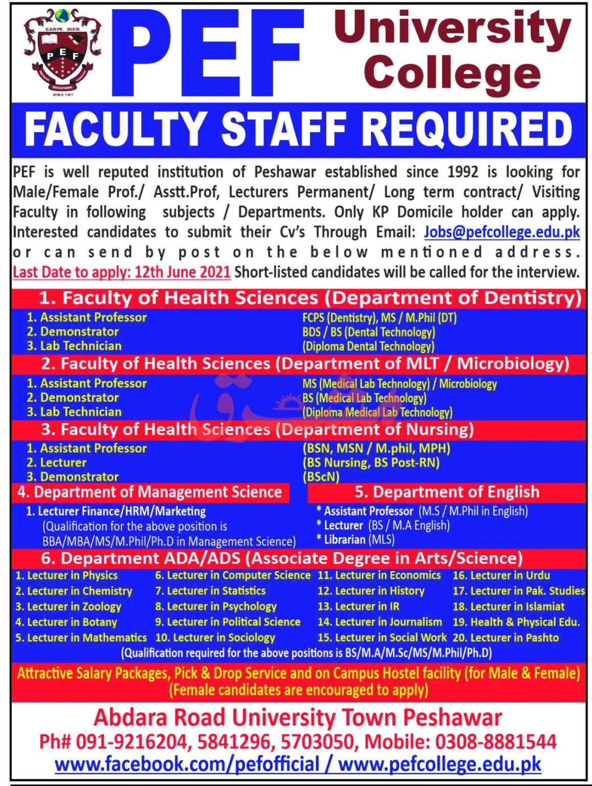 PEF University College Peshawar Latest June Jobs 2021 | Apply Now