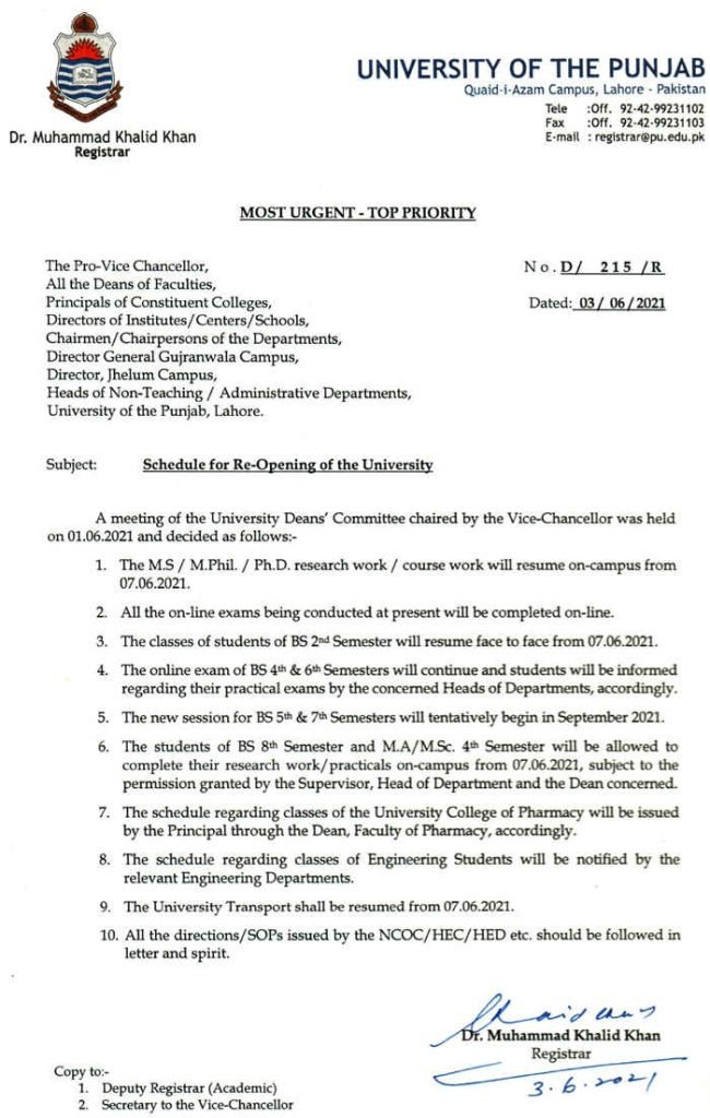 PU Announced to Open University From 07 June 2021