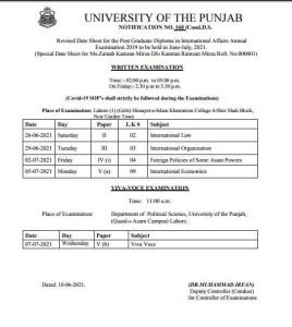 PU Revised Date sheet for PGD in International Affairs Annual Exams
