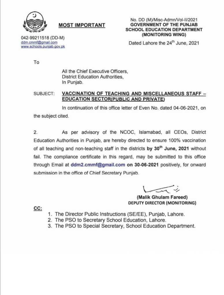 SED Issued the Deadline to Complete the Vaccination Process of Staff