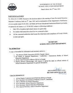 SED Punjab Notification to Open Education Institutes from 07 June 2021