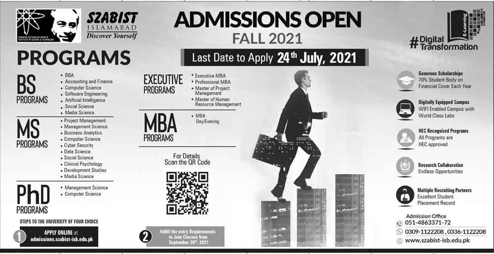 Shaheed Zulfiqar Ali Bhutto Institute of Science and Technology Admission Open 2021 Shaheed Zulfiqar Ali Bhutto Institute of Science and Technology