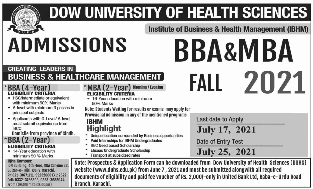 Dow University of Health Sciences Karachi Admissions for BBA & MBA 2021