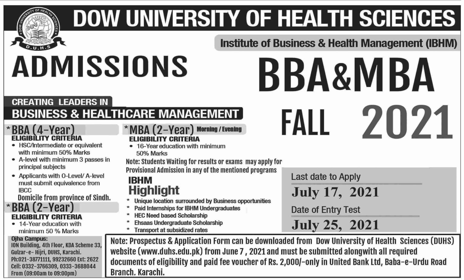 Dow University of Health Sciences Karachi Admissions for BBA & MBA 2021
