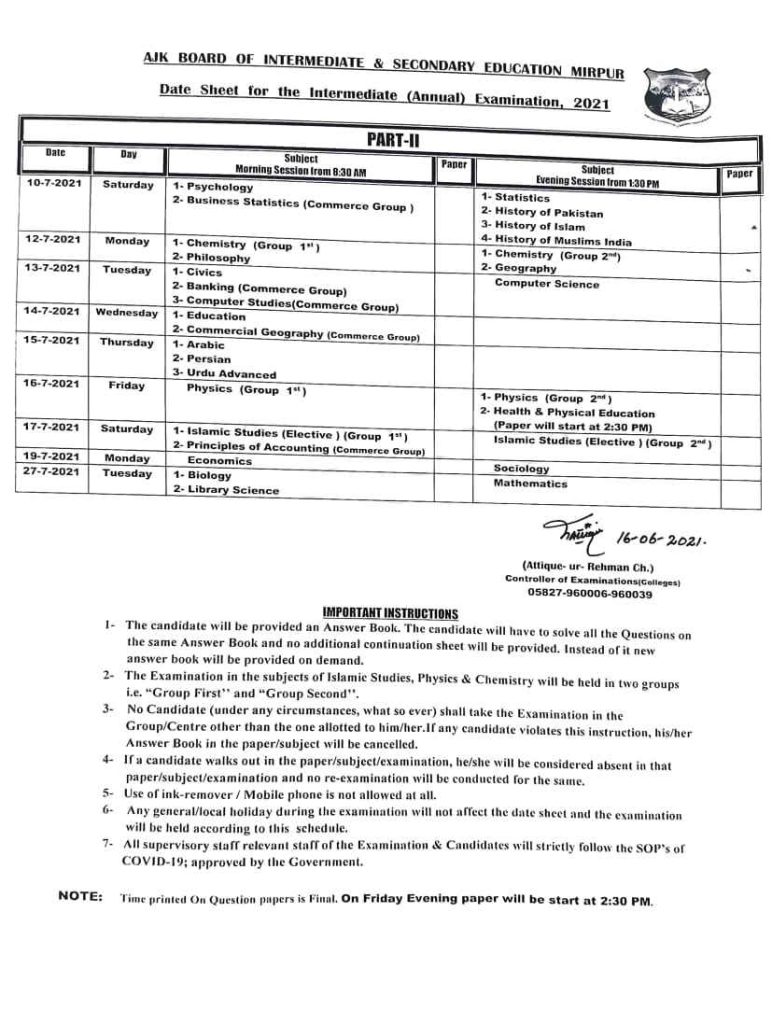 AJK Board Issues Revised Date Sheet of HSSC (Part-II) 2021