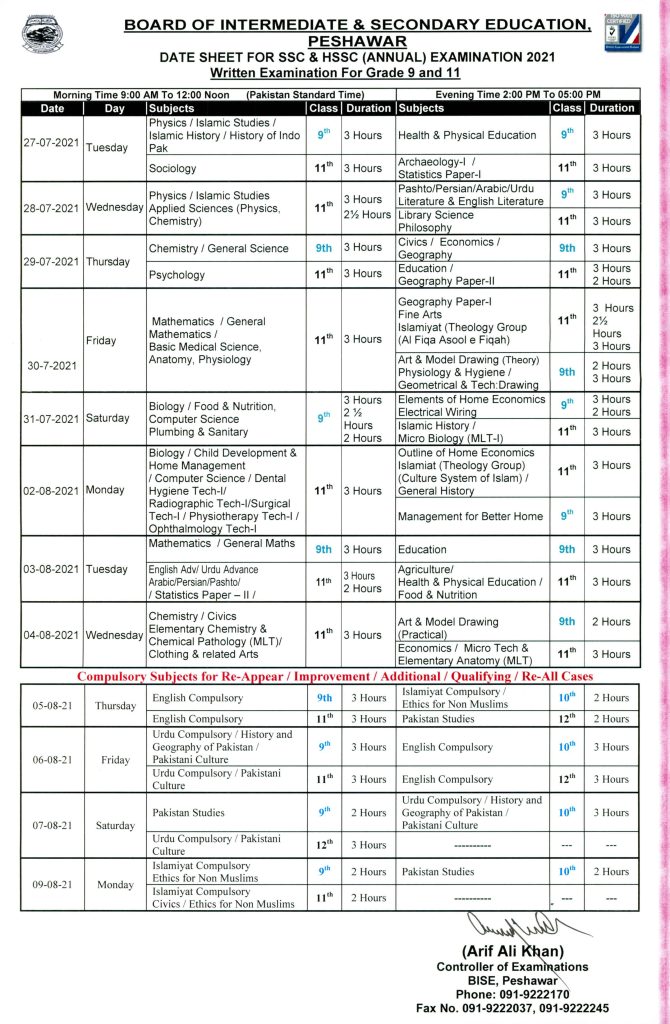 BISE Peshawar Date Sheet For 9th and 11th Class Annual Exams 2021 BISE Peshawar Date Sheet For 9th and 11th Class Annual Exams 2021
