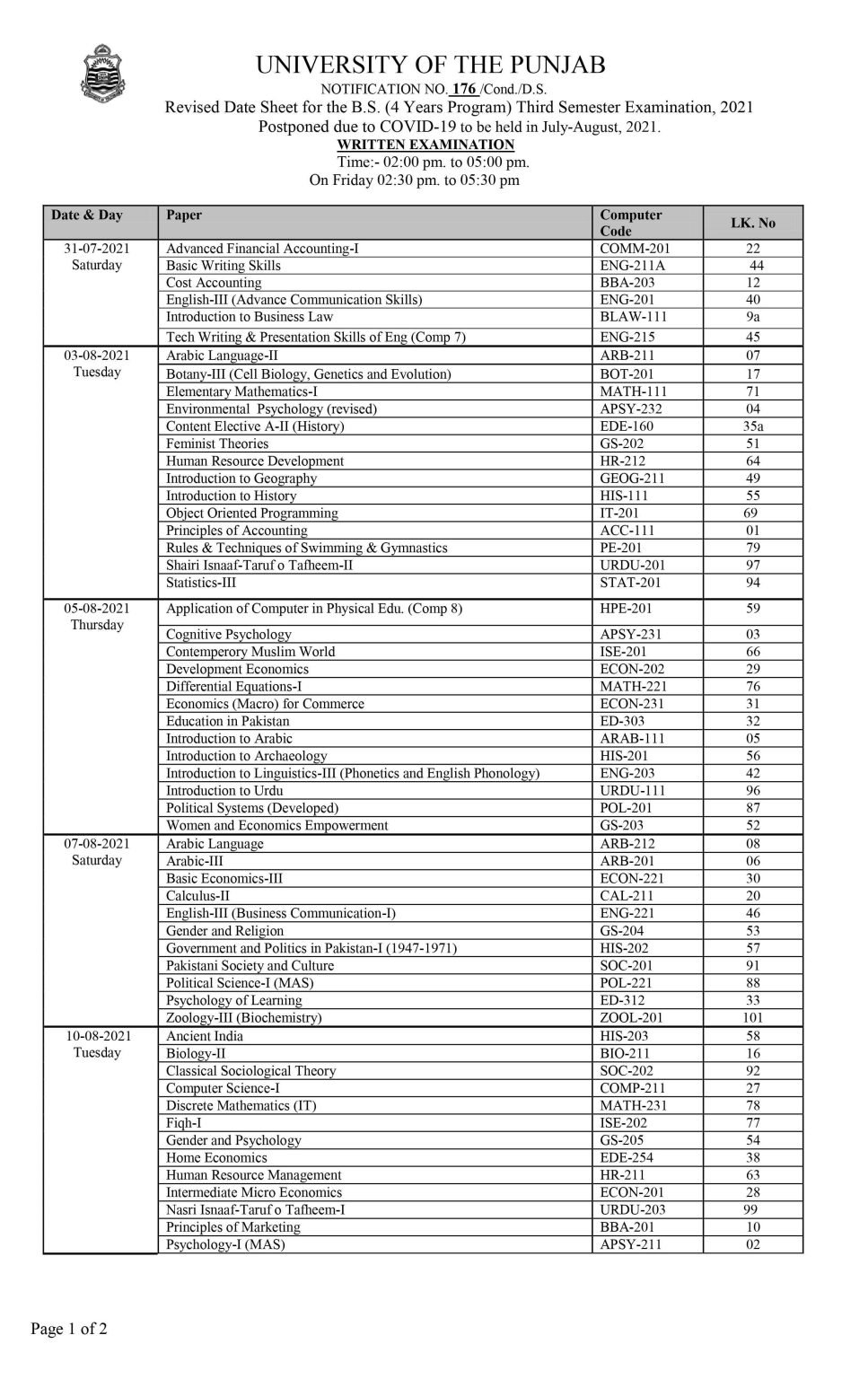 PU BS-Hons (04-years program) Third Semester Date Sheet 2021 PU BS-Hons (04-years program) Third Semester Date Sheet 2021