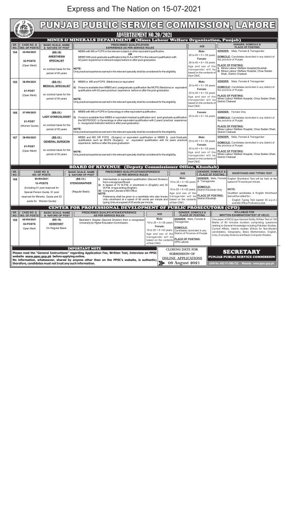 PPSC Advertisement No. 20/2021 | PPSC Latest July Jobs | Apply Now