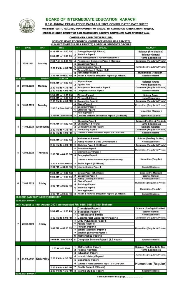 BISE Karachi Announce HSSC-I (Part 1) Annual Exam Date sheet 2021