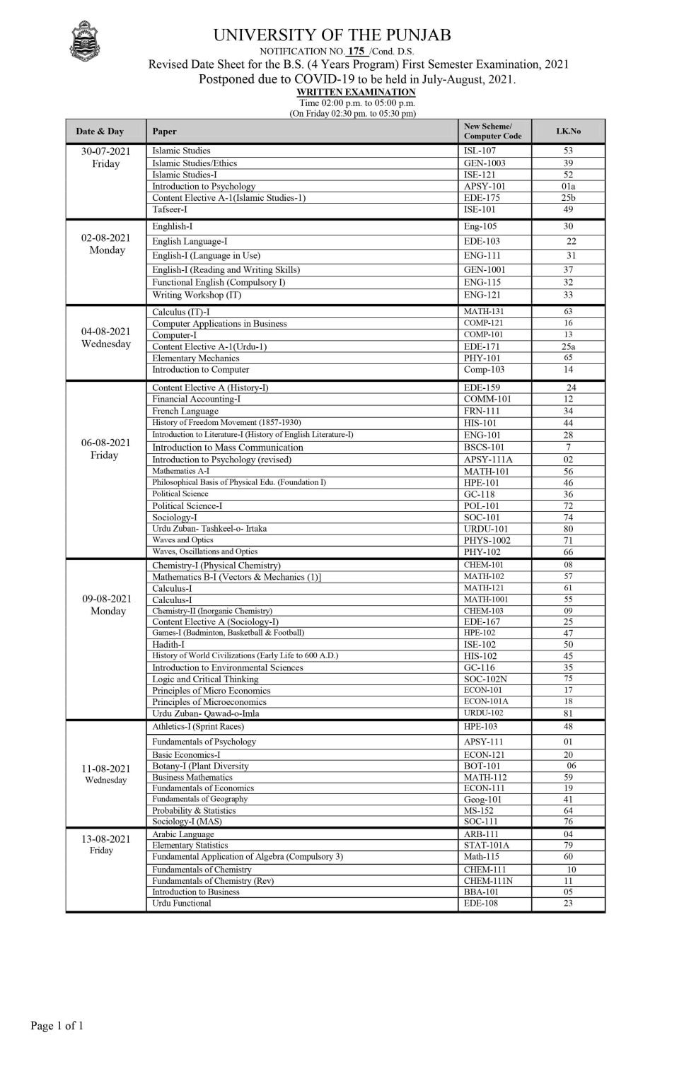 PU BS-Hons (04-years program) First Semester Date Sheet 2021