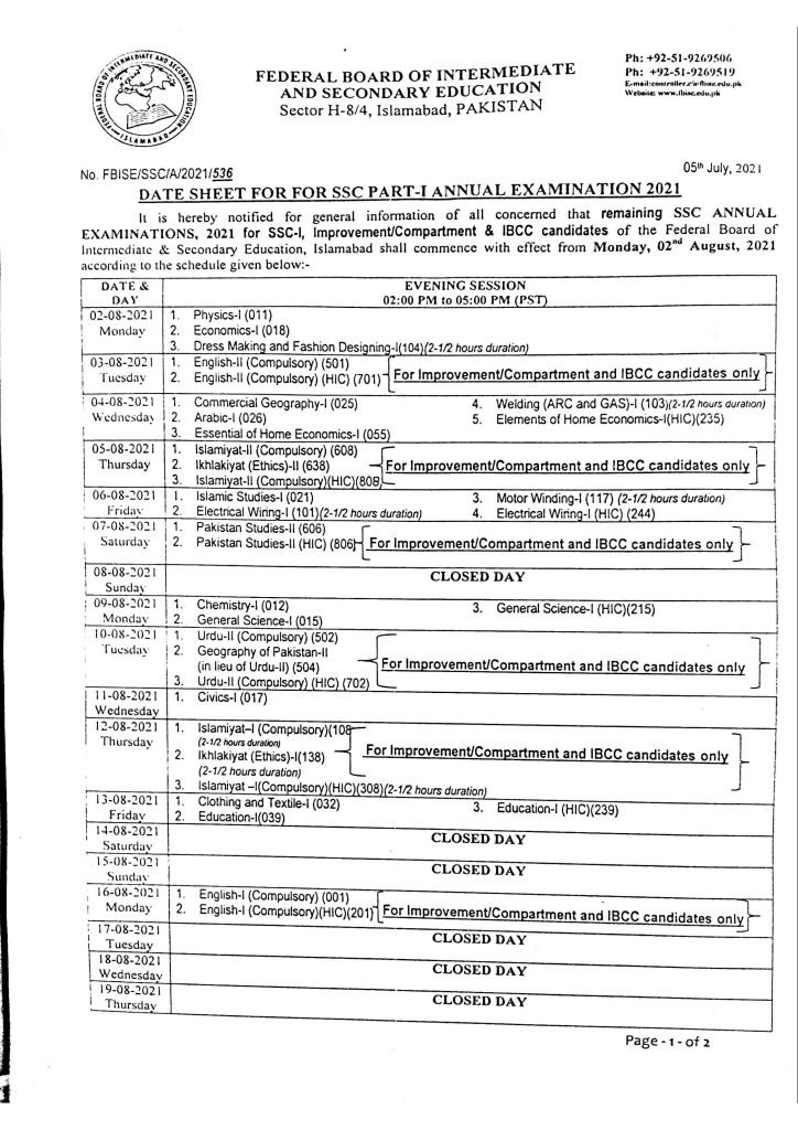 Federal Board SSC Part-I (9th class) Date Sheet 2021 | FBISE Date Sheet